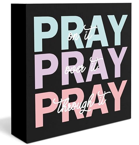Absnfatu Christian Desk Decor, Pink Pray Christian Wooden Signs Desk Decor - Christian Gifts for Women, Prayer Room Decor, Christian Room Decor, Pray on It Pray over It Pray Through It, 5x5(Style C)