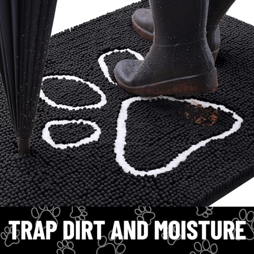 Image of Smiry Dog Door Mat for Muddy Paws, Absorbent Dirt Trapper Non Slip Quick Dry Washable Chenille Mat for Mud Dogs, Entry Rug for Indoor and Outdoor (40x24 Inches, Black and White)