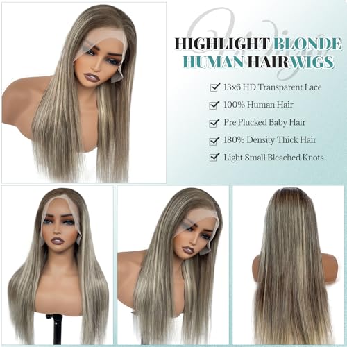 Image of Munx 13x6 Highlighted Lace Front Wigs Human Hair, Ash Blonde Balayage Glueless Wigs Human Hair for Women Ash Brown with Platinum Blonde Highlight Lace Front Wig Pre Plucked 180% Density 26 inch