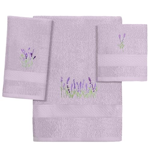 Hillsuren 3 Pcs Lavender Floral Bathroom Towel Set Farmhouse Embroidered