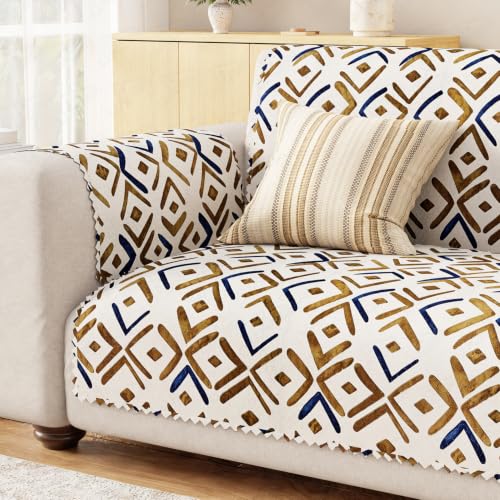Image of Lukzer 2 Seater Sofa Cover Quilted Reversible WaveEdge Ultrasonic Cut Sofa Mat with Back and Hand Rest Covers - Terra Bloom - Washable Sofa Protector for Modern Living Room 120 x 150 CM /SC-205-02WB