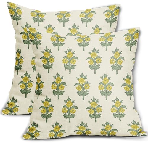 sorfbliss Sage Green Yellow Floral Pillow Covers 20x20 Set of 2 Spring Flower Leaves Print Decorative Throw Pillow Cases Outdoor Farmhouse Decoration for Sofa Couch Bed