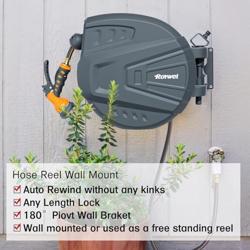 Roywel Retractable Garden Hose Reel,Retractable Hose Reel Wall Mount,with 9- Function Sprayer Nozzle,Self-Rewind,Slow Retraction,Self-Locking,Wall Mounted,180° Pivot Bracke - 1