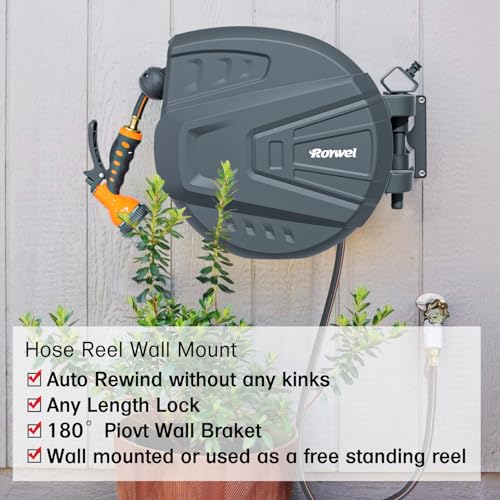 Roywel Retractable Garden Hose Reel,Retractable Hose Reel Wall Mount,with 9- Function Sprayer Nozzle,Self-Rewind,Slow Retraction,Self-Locking,Wall Mounted,180° Pivot Bracke
