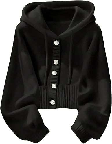 SOLY HUX Women's Cropped Cardigan Button Down Hooded Knit Cardigan