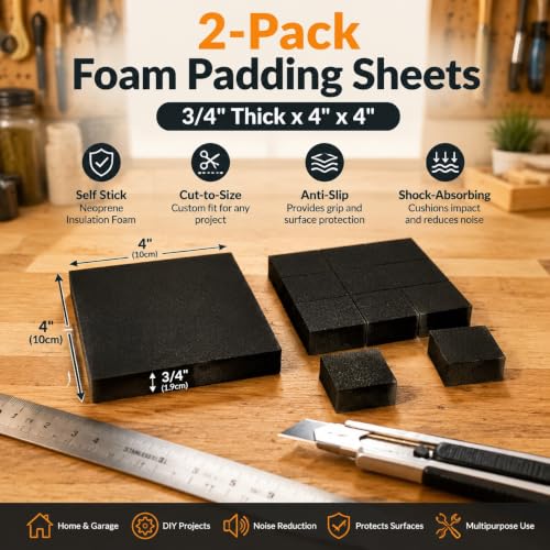 Image of Foam Padding Sheets - 3 /4 inch Thick Self Stick Neoprene Insulation Foam, 4 inch L x 4 inch W x 3 /4 inch H, 2 Pack (2, 4in X 4in X 3 /4in)