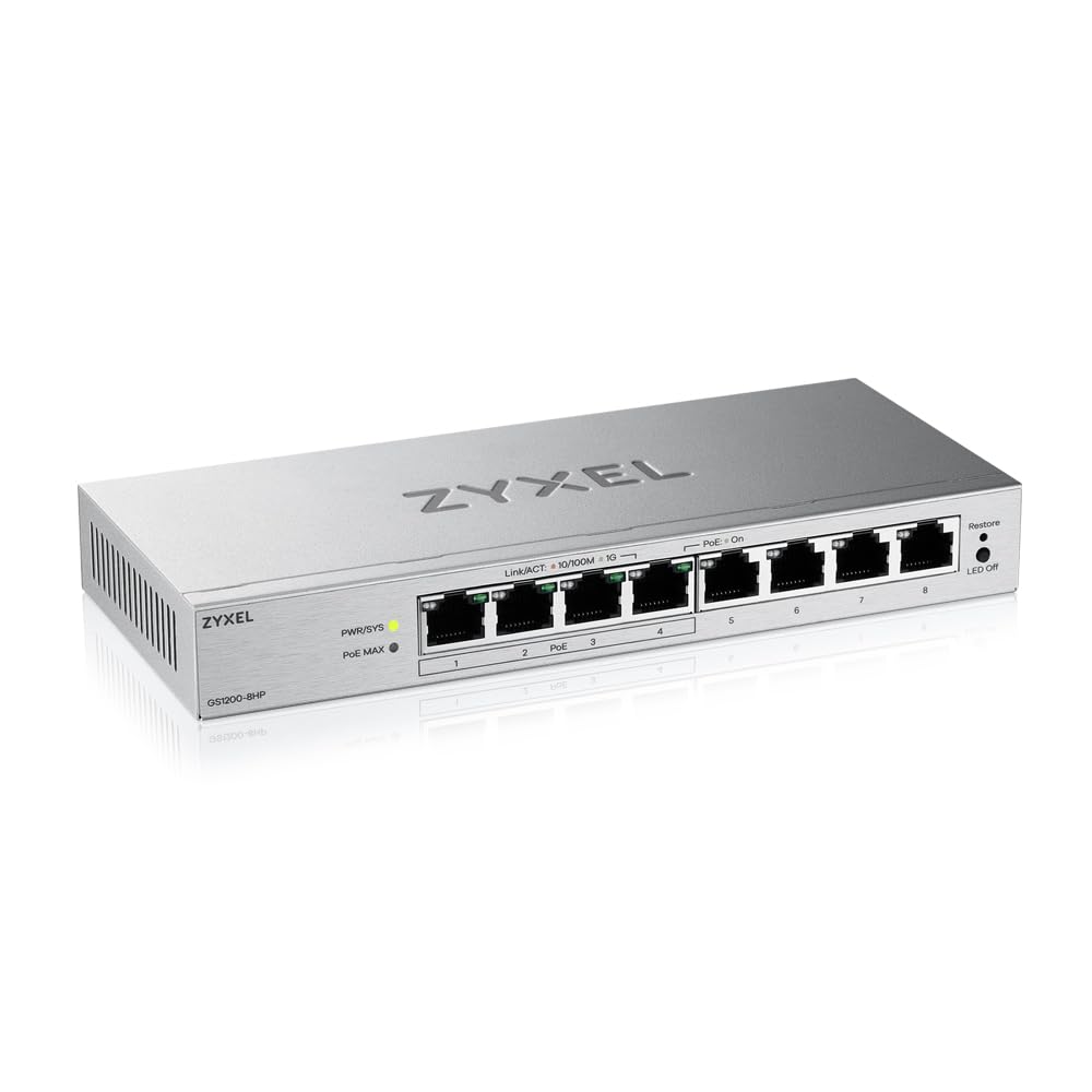 Zyxel 8-Port PoE Switch | Web Managed Gigabit Network Ethernet Splitter | 8x GbE Ports (4x PoE+ with 68W Budget) | QoS, Link Aggregation, VLAN, IGMP Snooping | Fanless | Desktop | GS1200-8HPv3