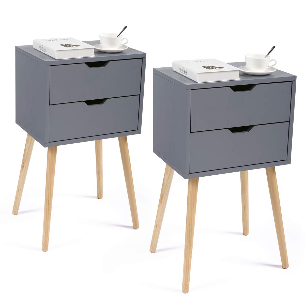 LAZYMOON NightStand w/2 Drawer,Bedside End Table for Bedroom,Living Room,2-Pack,Grey