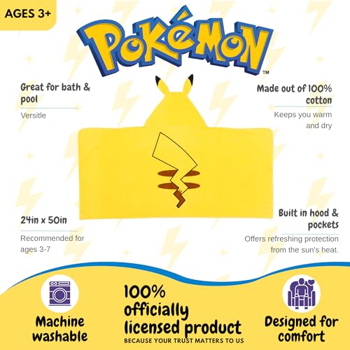 Image of Pokemon Pikachu Kids Super Soft Bath /Pool /Beach Soft Cotton Terry Hooded Towel Wrap, 24 in x 50 in, (Officially Licensed Product) By Franco