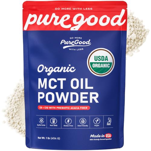 PureGood Organic MCT Oil Powder with Prebiotic Fiber 1 Pound (16 oz) | C8 & C10 from Coconuts | MCT Oil Coffee Creamer Unflavored | Non-GMO Vegan Kosher Gluten Free