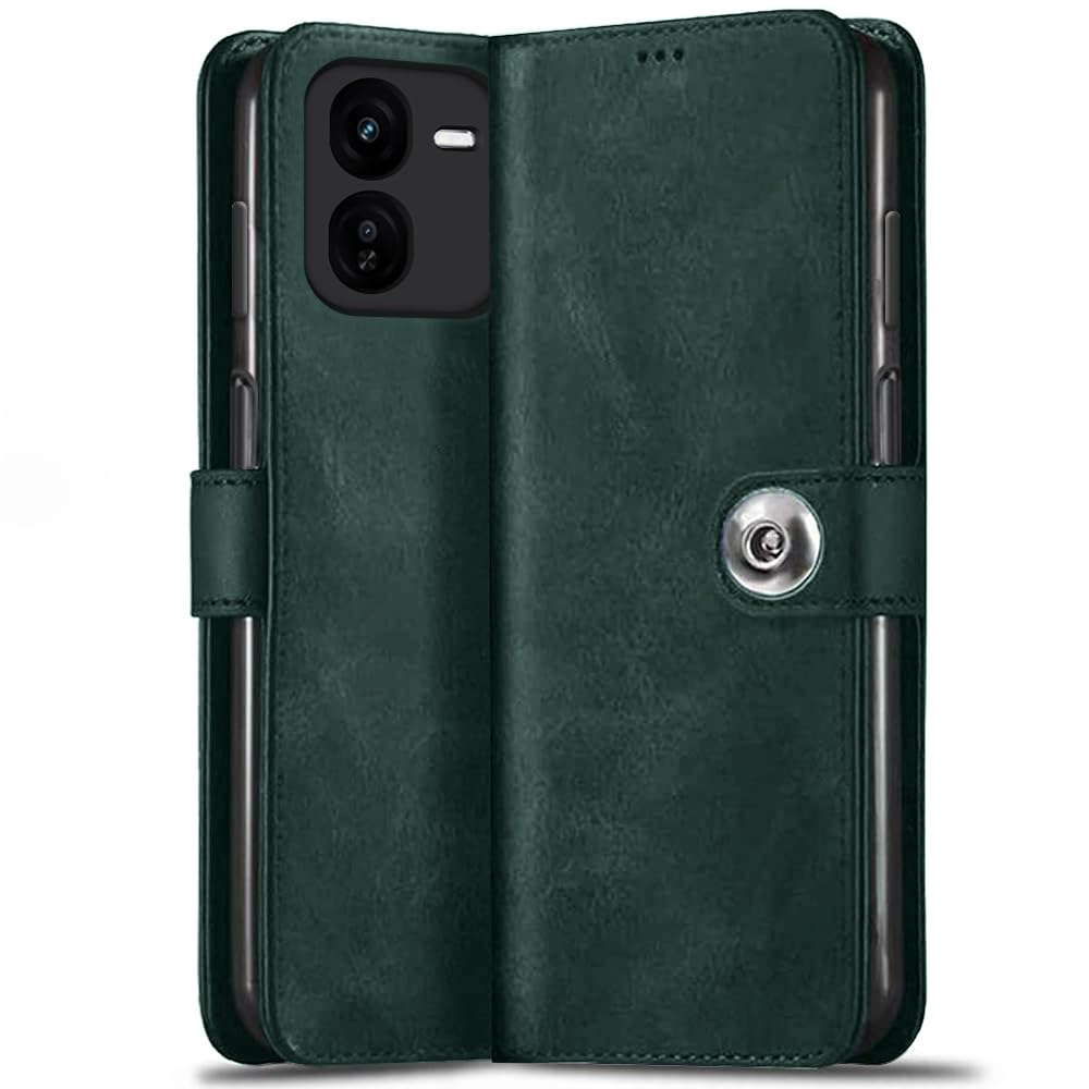 TheGiftKart Genuine Leather Finish Flip Back Cover Case for iQOO Z9X 5G | Inbuilt Pockets & Stand | Wallet Style | Designer Button Magnet Flip Back Cover Case for iQOO Z9X 5G (Faux Leather, Green) (B0D49S1K6K) Amazon Price History, Amazon Price Tracker