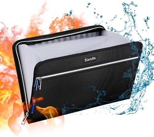 Tamfile Fireproof Waterproof Safe Expanding File Folder Accordion Document Organizer with 24 Pockets Portable Money File Bag Filing Holder and Lables/3Zippers A4 Letter Size (Black,14.3"9.8")