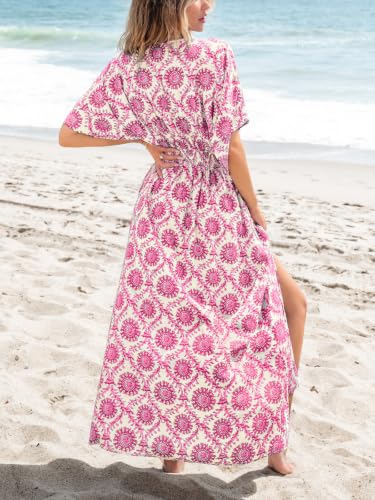 Image of CUPSHE Women's Summer Boho Maxi Dress Paisley Floral V Neck Smocked Dress Beach Vacation Slit Hem Flowy Dress with Pockets