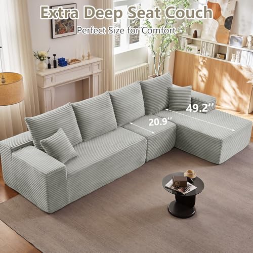 Image of 135 inch Cloud Sectional Couch with L-Shape Chaise, Modern Modular Comfy Sofa Chaise Longue, Upholstered Corduroy Couches Sleeper with Deep Seat for Living Room Bedroom, No Assembly Required, Grey