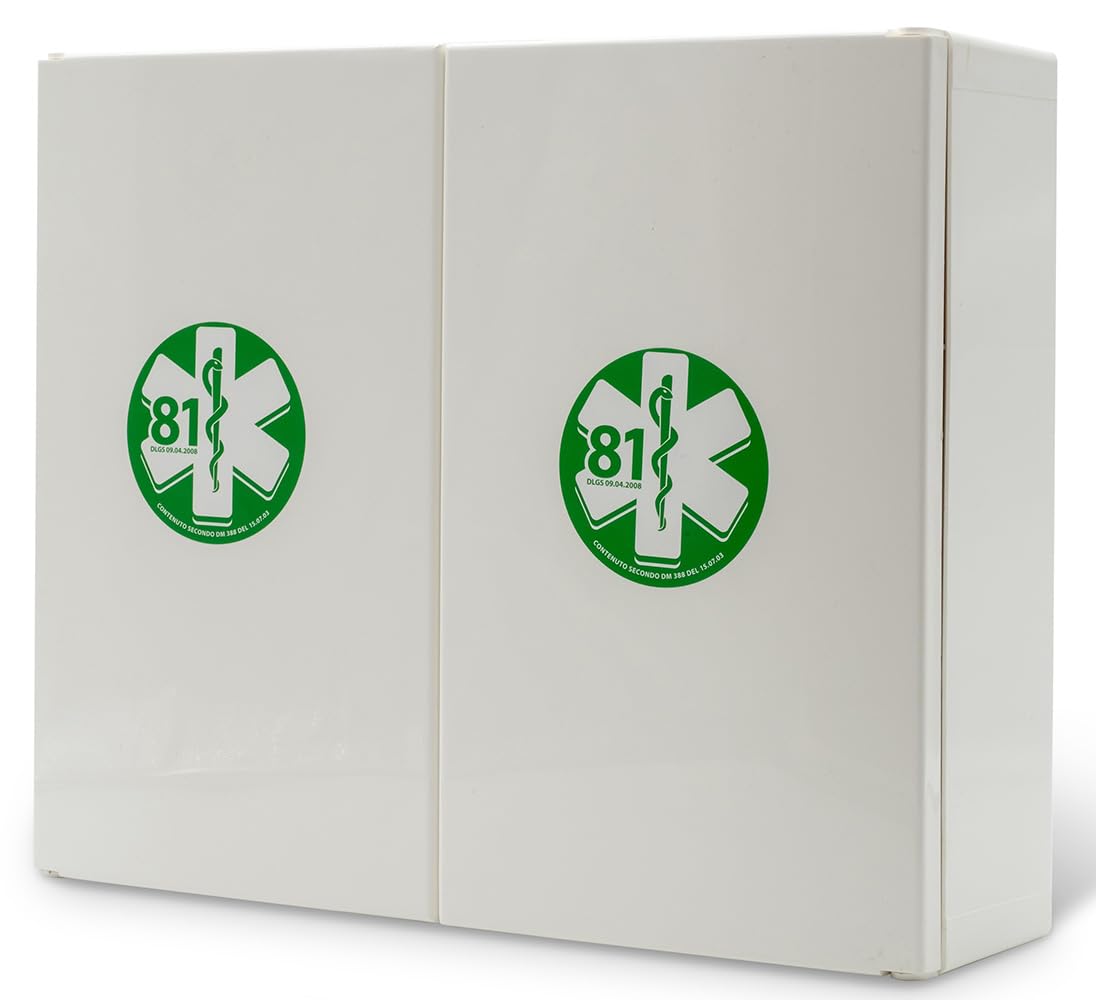 p age Armadietto di Pronto Soccorso in plastica bianco, 2 ante, 2 ripiani interni. ALL. 1 DA 3 LAVORATORI 450x375x130H mm
