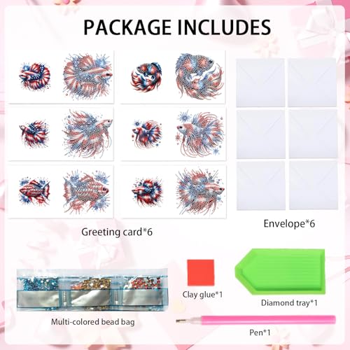 Image of 6-Piece 5D Diamond Art Greeting Card Kit with Envelopes, USA Independence Day Goldfish Design, DIY Special Shape Diamond Painting Greeting Cards for Adults, Handmade Card Craft Holiday Gift, 30x15cm