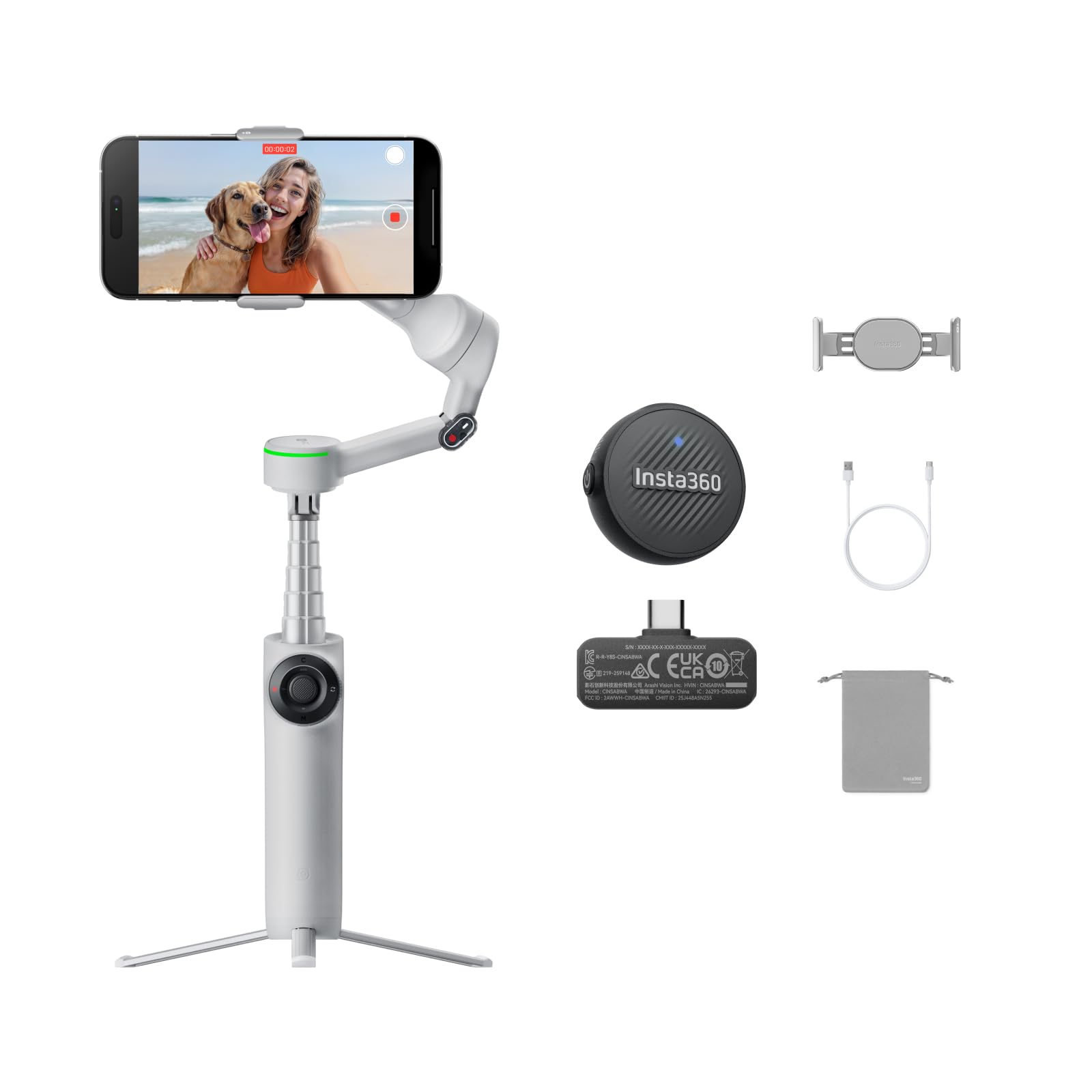 Insta360Flow 2 Pro Mic Bundle Grey– Foldable AI Phone Gimbal, 3-Axis Stabilization, Tracks in 200+ Apps with Apple DockKit, Mic Air, Multi-Person & 360 Pan Tracking, Built-in Tripod & Selfie Stick.