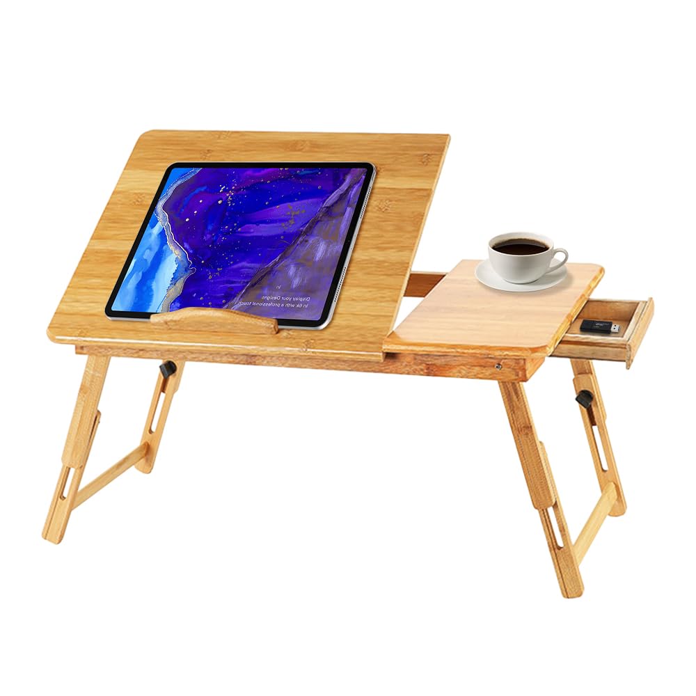 Regulowana taca na łóżko stół składany biurko na laptopa śniadanie w łóżku taca do serwowania 10 kg pojemność 66 x 30 x 35 cm kolor drewna - idealna do domowego biura i relaksu