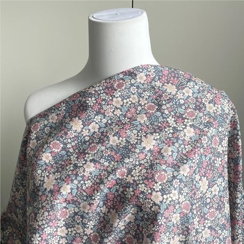 Tissu popeline de coton rétro bleu gris de créateur, impression numérique 145cm - 7