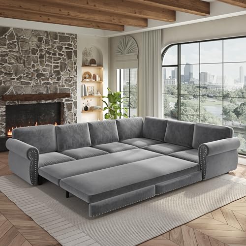 Image of KCGKCG 118 inch Sleeper Sofa Bed, Sectional Couches for Living Room /Apartment, Chenille L Shaped Couch with Pull Out Couch Bed, Convertible Sectional Sofa with Rolled Arm & Nailhead Trim, Light Grey