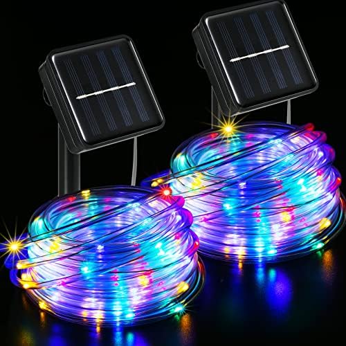2 Pack Solar Rope Lights for Outside, 33Ft 100 LED Rope Lights Outdoor Waterproof, 8 Modes PVC Tube Fairy String Lights for Camping Trampoline Fence Pool Walkway Christmas Decoration(Multicolor)