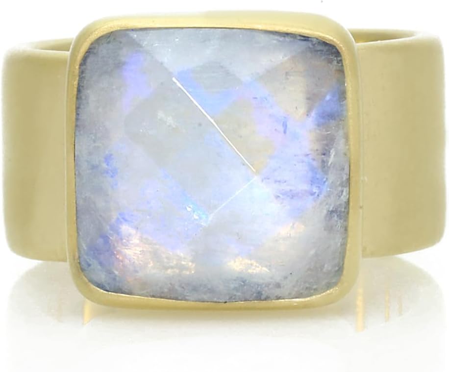 Square Cut Moonstone Ring - 10mm Wide Band Statement Jewelry - June Birthstone Design - Rainbow Faceted Stackable Ring for Women