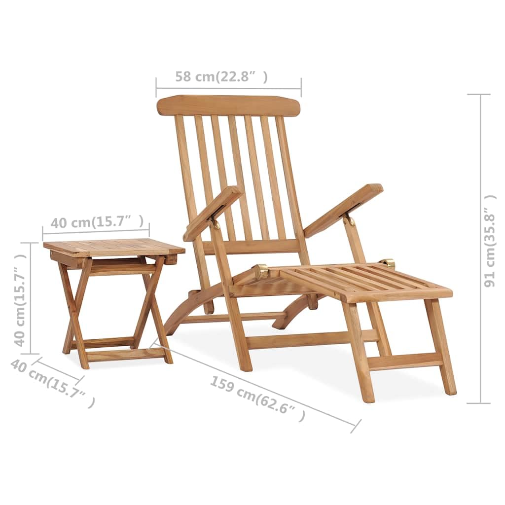 Leżak ogrodowy z litego drewna tekowego z podnóżkiem i stołem, składany i regulowany, odporny na warunki atmosferyczne, na balkon, taras, na zewnątrz, ergonomiczny i wygodny, z oparciem
