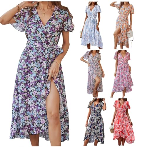 FQFGGYD Women's Wedding Guest Dresses Sundresses Summer Dresses for Women Ruffled Midi Dress Slit Lace-up Floral Casual Dress Purple