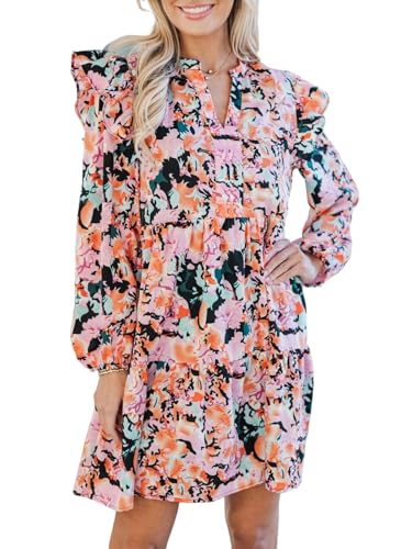 hibshaby Womens Casual Floral Mini Dress 2025 Fall Long Sleeve V Neck Babydoll Loose Boho Shirt Dresses