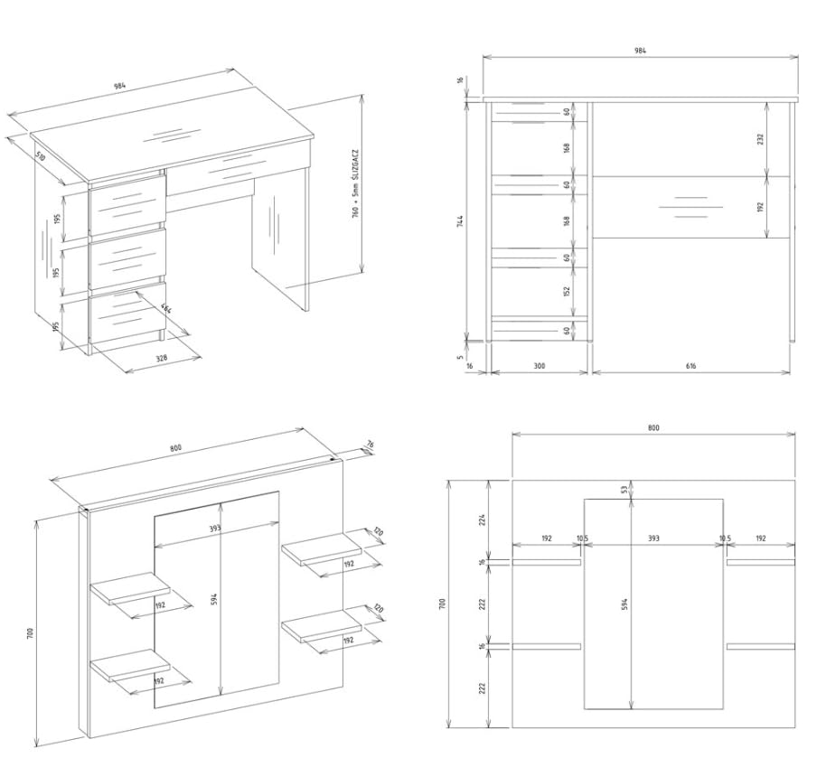 BDW - Schminktisch mit Spiegel Weiß - Make Up Tisch mit Schubladen - Minimalistisches Design, mit Regalen, für Schlafzimmer oder Ankleidezimmer - 146 x 98 x 51 cm - Links