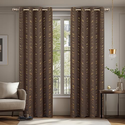 Deconovo Verdunkelungsvorhänge mit Ösen Blickdichte Gardinen Wohnzimmer Dicke Thermovorhang Kälteschutz Linienmuster Vorhänge, 175x140 cm(HöhexBreite), Braun, 2er Set
