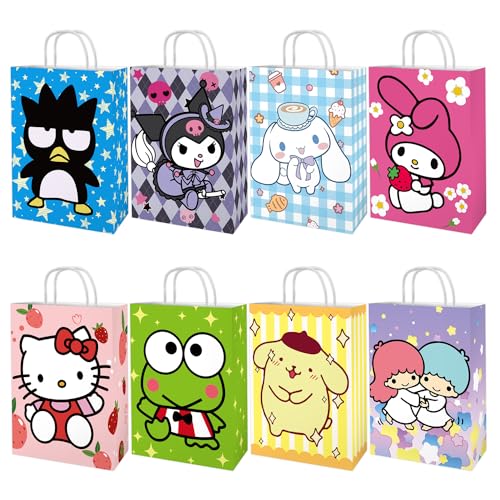 Kitty Birthday Party Supplies, 16PCS Party Goodie Gift Bags, Including 8 Patterns Double Sided Printed Ideal for Kawaii Birthday Party Decorations