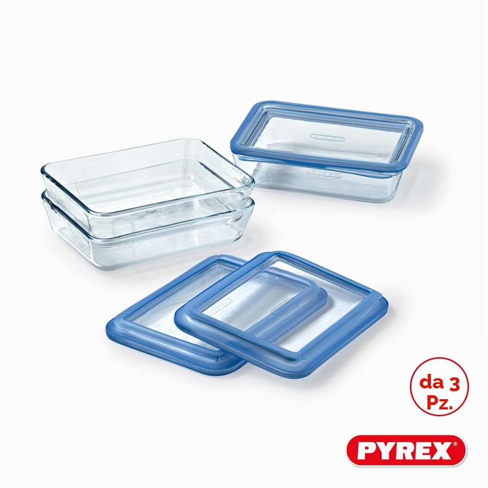Set di 3 contenitori per alimenti con coperchio - PYREX - Plastica Zero - Vetro - Rettangolari - 0,8 L