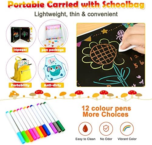 Vcumter Erasable Doodle Book, Kids' Drawing Boards with 14Pages Double-Sided, 12 Colored Pens, Apron, Rag, Portable Travel Educational Toys, Birthday Doodle Gifts for 3 4 5 6 7 8 Year Old Girls Boys
