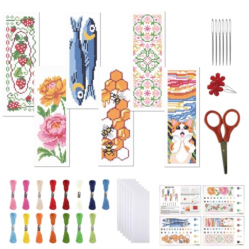 Image of FREEBLOSS 6 Set Cross Stitch Bookmark Kit 11 CT Complete Cross Stitch Kit DIY Embroidery Bookmark Kits for Adult Beginners with Instructions, Cat /Fish /Bee /Flower /Strawberry, 8 inch x 2.4 inch