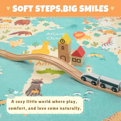 Image of Hazo Haus Washable Kids Playroom Rug - 5x7 Play Rug for Preschool Toddlers, Girls, Educational with Cute Animals - Non-Slip, Stain Resistant, Soft & Safe for Bedroom, Play Room and Classroom - Blue