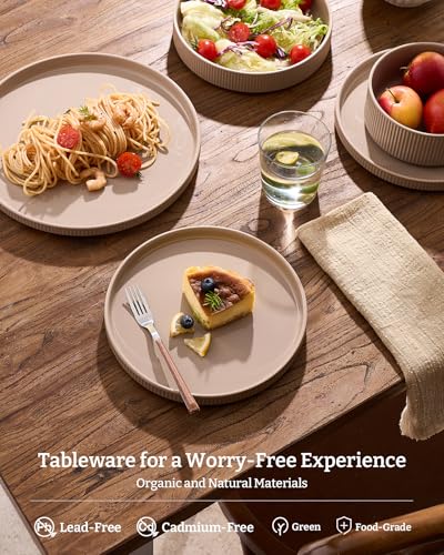 Image of Famiware Stoneware Dishes Dinnerware Sets for 6, Ribbed Plates and Bowls | 18pc Ceramic Dinner Set with Lipped Edges, Chip & Scratch Resistant , Microwave & Dishwasher Safe, Everyday Formal Use, Brown