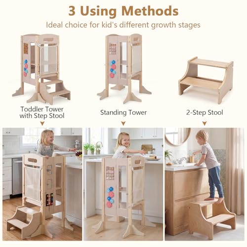 Image of Costzon Foldable Toddler Step Stool, Wooden Kitchen Standing Tower with 2-Step Stool, Adjustable Height, Chalkboard & Montessori Games, Detachable Safety Net, Kids Helper for Boys & Girls