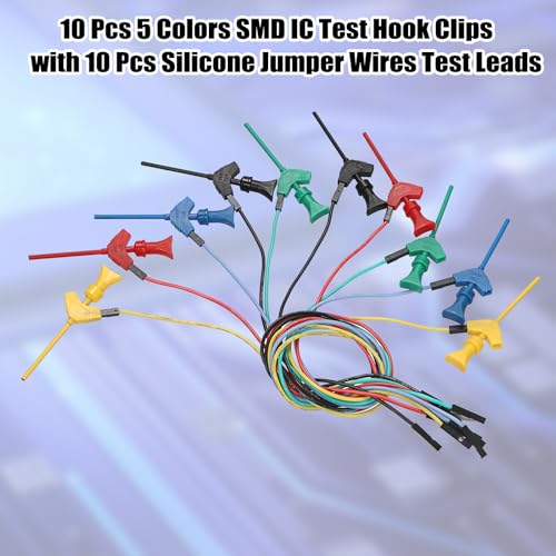 Image of Sumnacon Test Leads Kit 10 Pcs 5 Colors Mini SMD IC Test Hook Clips with Silicone Jumper Wires Cable for Logic Analyzer Electrical Testing Clip Leads or Multimeter Test Leads for Repairing Cell Phone