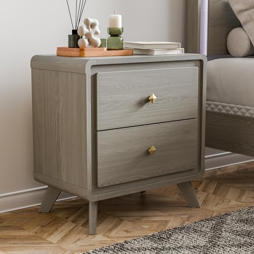 Furniture of America Xylia Modern Solid Wood Nightstand with 2 Drawers, Gold Metal Drawer Knobs and Tapered Legs, Bedside Table, Wooden Night Stand for Bedroom, Guest Room, Dorm, Grey