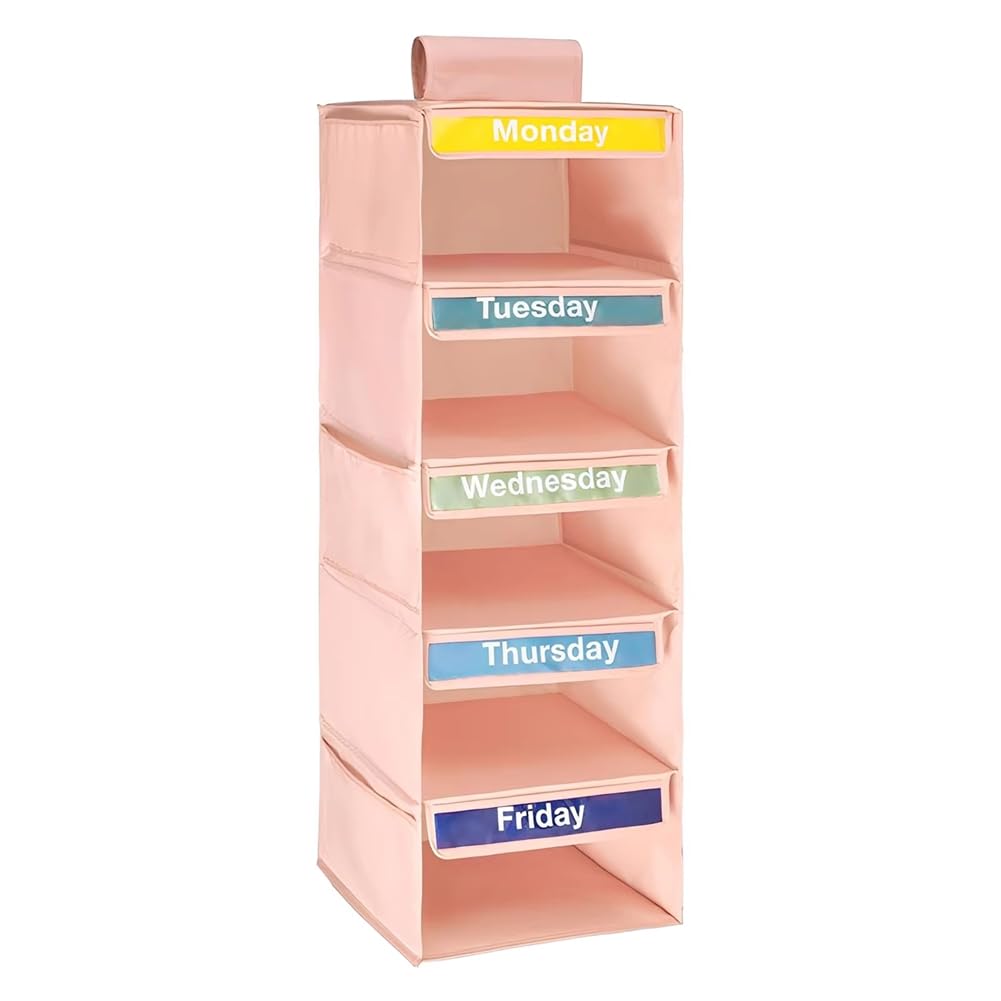 CTRLZS Closet Organizer with 5-Shelf Weekly Clothes Organizer Featuring 5 Side Pockets Labeled Days Hanging Storage Shelves D