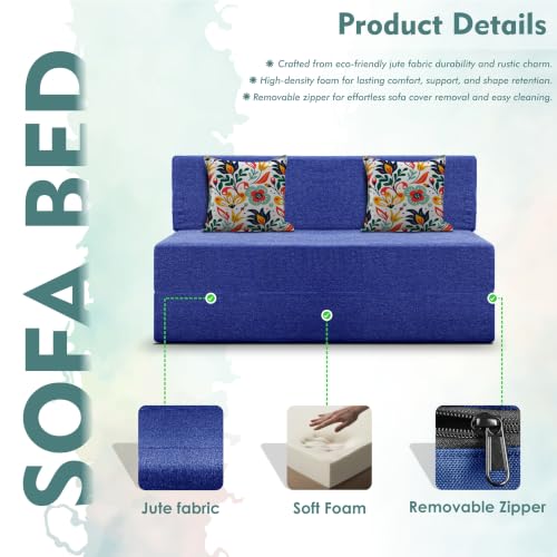 Image of Los Angeles Foldable Two Seater Sofa Cum Bed, Sofa Bed 4 X 6 Feet Jute Fabric Washable Cover- Including Cushion Perfect for Living Room - Blue