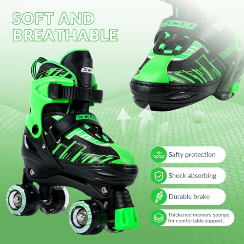 Image of Roller Skates for Girls Boys Ages 4-12, Toddler Kids 4 Size Adjustable Light up Wheels Beginner Skates (Green, Medium-Big Kids（13j-3 US）)