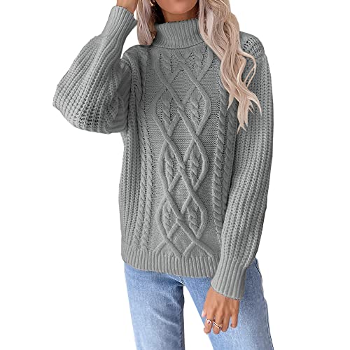 Damen Langarm Strick Zopfmuster Hoher Kragen Pullover Einfarbig Lose Pullover Pullover Tops, grau, Groß Cover