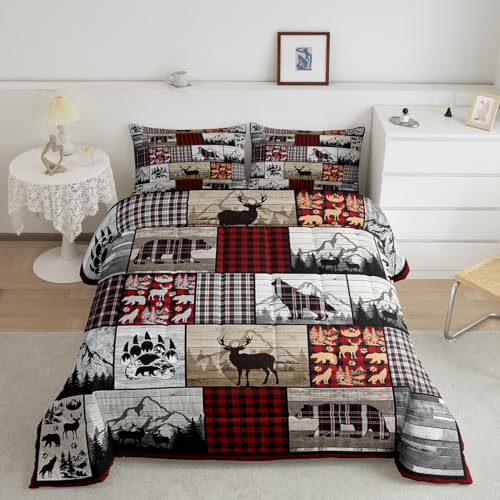 Image of Feelyou Plaid Deer Elk Bear Wolf Comforter Set for Girls Boys Rustic Cabin Farm Forest Camping Hunting Comforter Farm Forest Bedding Set Farmhouse Lodge Duvet Set Queen Size Quilt Set