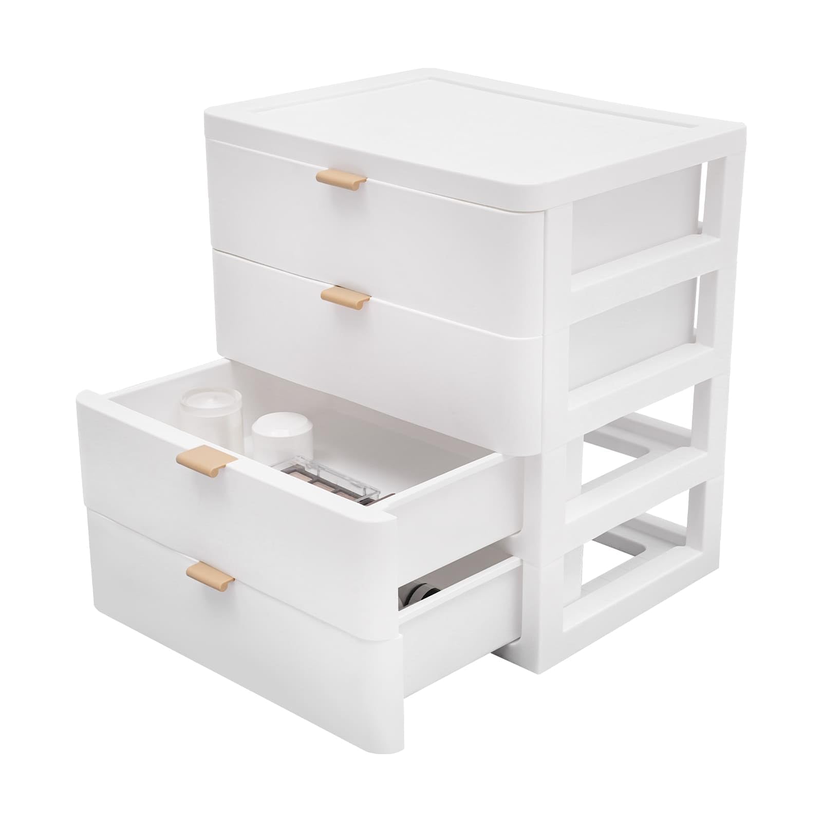 Boîte de Rangement de Bureau en Plastique, Organisateur de Bureau avec Tiroir, Gain de l'espace, Pour ranger livres, bijoux, cosmétiques, collations, articles divers, Blanc (4 tiroirs)