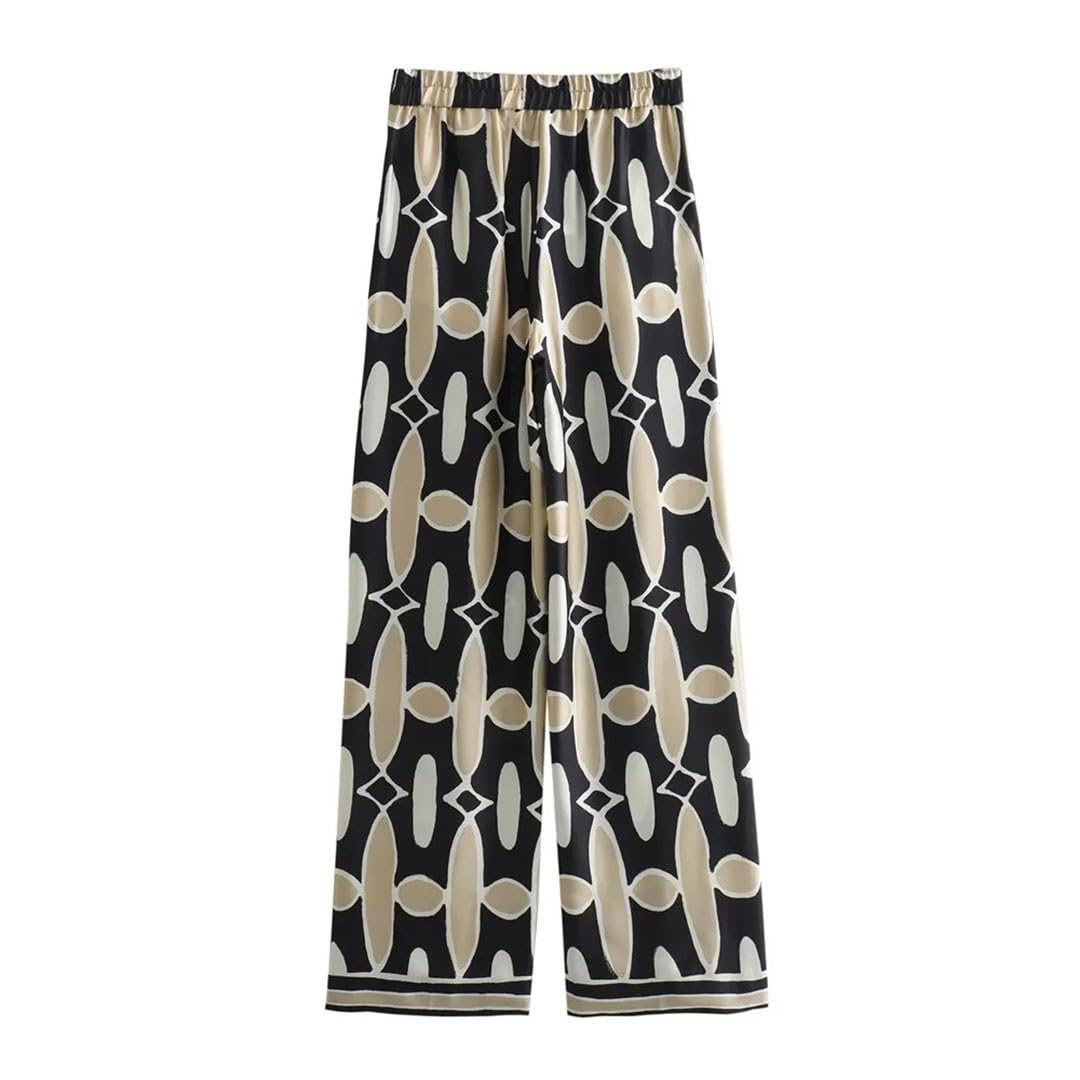 Primavera Donna Polo Collo Raso Texture Motivo Geometrico Stampato Camicia A Vita Alta Pantaloni Set
