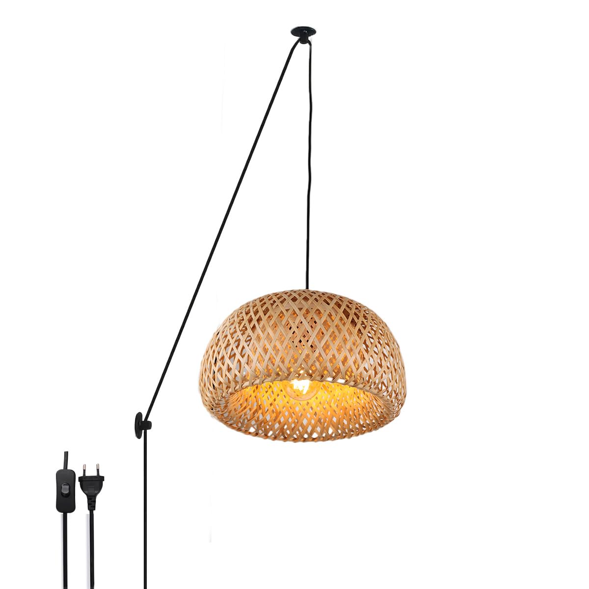 Lámpara Colgante de Techo de Mimbre, Estilo Rústico Vintage con Cable, Enchufe e Interruptor, para Pared, Techo, Salón y Dormitorio