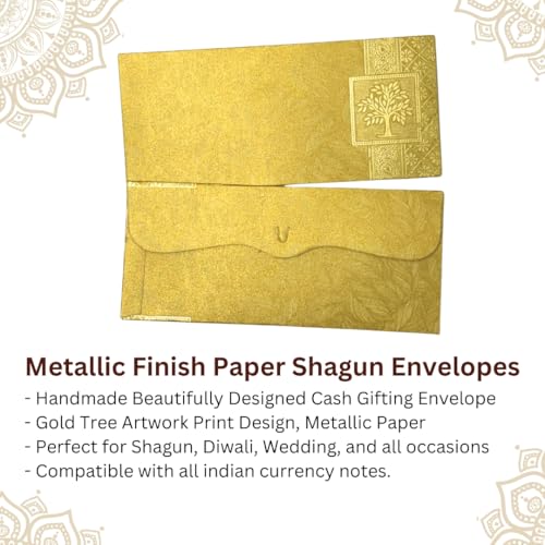 Image of Pack of 25, Rectangle Shape Metallic Paper Shagun Envelopes for Gifting Sagan Lifafa Wedding Occasion Cash Money, 18 X 8 cm, Gold Color - Gold Tree Design