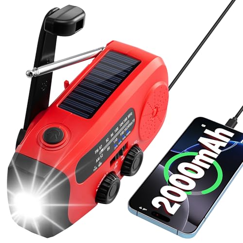 Kurbelradio, 2000mAh Notfallradio Solar Radio Power Bank, AM/FM Radio batteriebetrieben Notfall ausrüstung with USB Handy Lader und Taschenlampe, SOS Alarm für Survival, Ourdoor, Camping